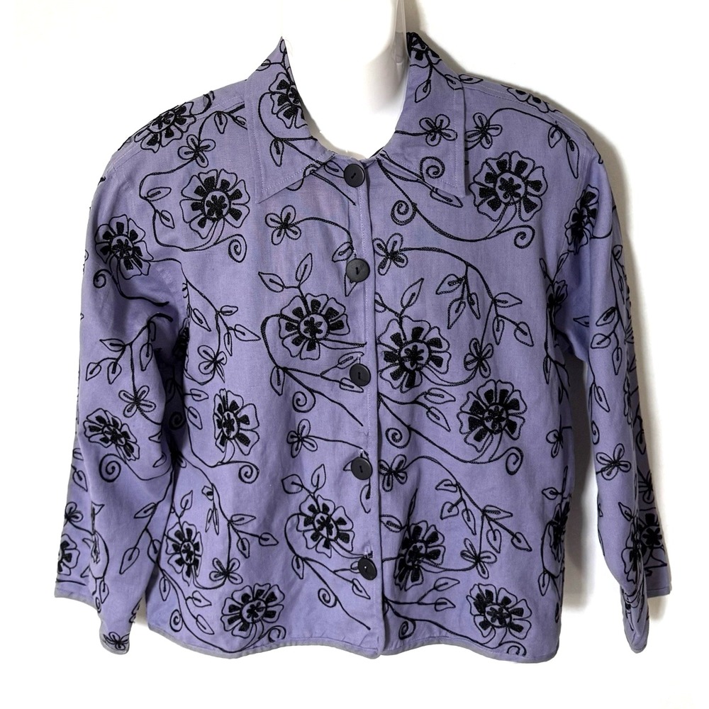 Life Style Petite Jacket Womens M Purple Black Floral Embroidery Linen Blend